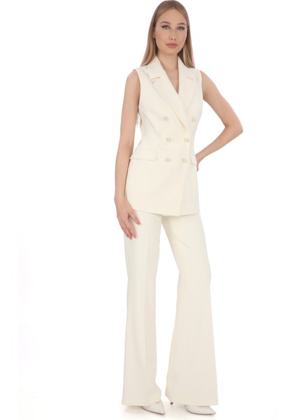 Kadın Yelek Pantolon Takım Beyaz Krep Kruvaze Inci Düğmeli Slim Fit Şık Ofis Davet Günlük Kullanım fiyatları