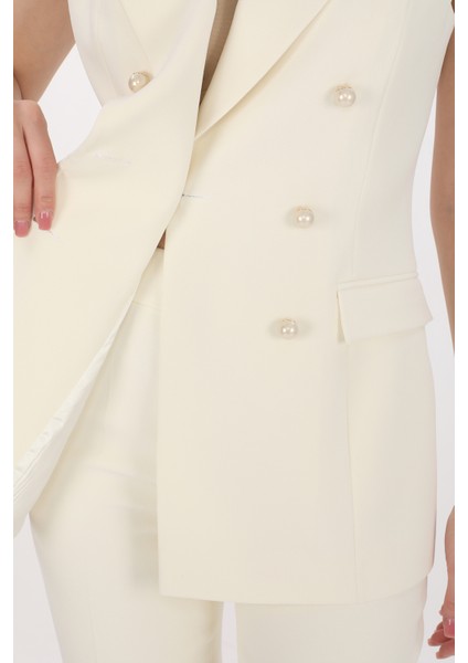 Kadın Yelek Pantolon Takım Beyaz Krep Kruvaze Inci Düğmeli Slim Fit Şık Ofis Davet Günlük Kullanım fırsatları