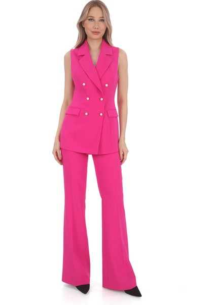 Slim Fit Krep Inci Düğmeli Kruvaze Fuşya Kadın Yelek Pantolon Takım | Özel Günler Için Çok Şık Seçim
