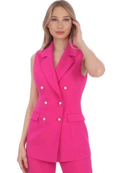 Slim Fit Krep Inci Düğmeli Kruvaze Fuşya Kadın Yelek Pantolon Takım | Özel Günler Için Çok Şık Seçim modelleri