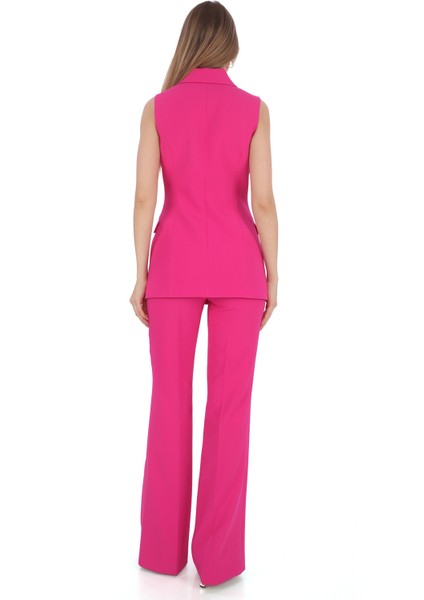 Slim Fit Krep Inci Düğmeli Kruvaze Fuşya Kadın Yelek Pantolon Takım | Özel Günler Için Çok Şık Seçim indirimleri