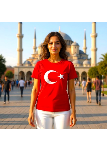 Unisex Bisiklet Yaka %100 Pamuk Kırmızı Türk Bayraklı T-Shirt modelleri