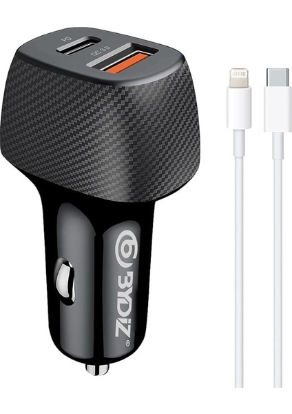 BY-38L Hızlı Araç Şarj Cihazı 38W Araba Çakmaklık Şarj Aleti + Lightning Kablo USB + Pd Girişli iPhone 14/13/12/12 Pro Max/11/xs Max/xr/x,airpods Pro