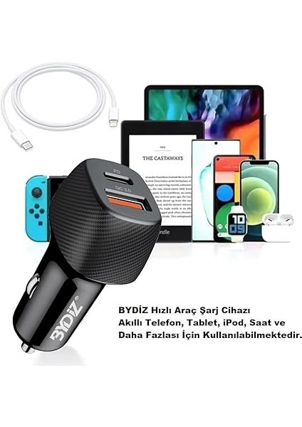 BY-38L Hızlı Araç Şarj Cihazı 38W Araba Çakmaklık Şarj Aleti + Lightning Kablo USB + Pd Girişli iPhone 14/13/12/12 Pro Max/11/xs Max/xr/x,airpods Pro fiyatları