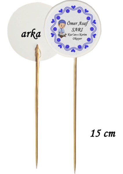 Beyhan Bayhan 15 cm Uzun Kürdan - 20 Adet Dekoratif Kişiye Özel Mavi Kur'an-I Kerim Okuyor Baskılı Kürdan