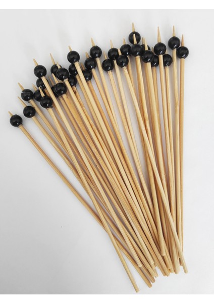 15 cm Uzun Kürdan - 30 Adet Dekoratif Siyah Inci Boncuklu Kokteyl Kürdanı