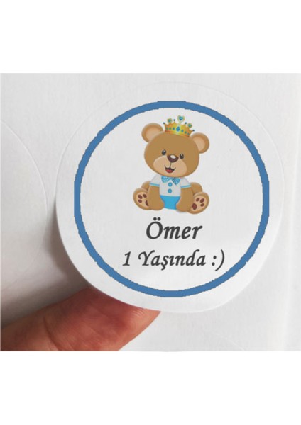 48 Adet 4 cm Kişiye Özel Mavi Ayıcıklı 1 Yaş Baskılı Mat Etiket Sticker -2 - 1 Yaş Partisi