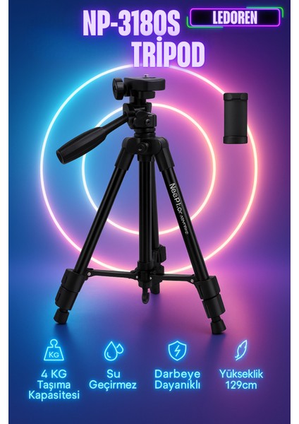 NP-3180S 129 cm Tripod Bluetooth Kumandalı Profesyonel Telefon Kamera Tutucu Çantalı Tripot