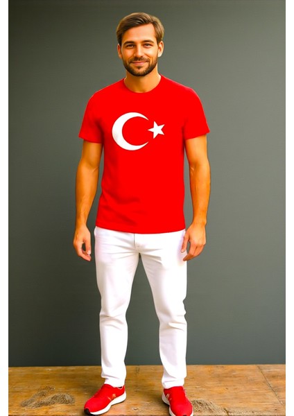 Unisex Bisiklet Yaka %100 Pamuk Kırmızı Türk Bayraklı T-Shirt indirimleri