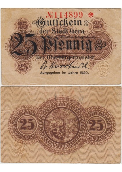 Almanya 25 Pfennig 1920 Notgeld-Gera Şehri. Ççt