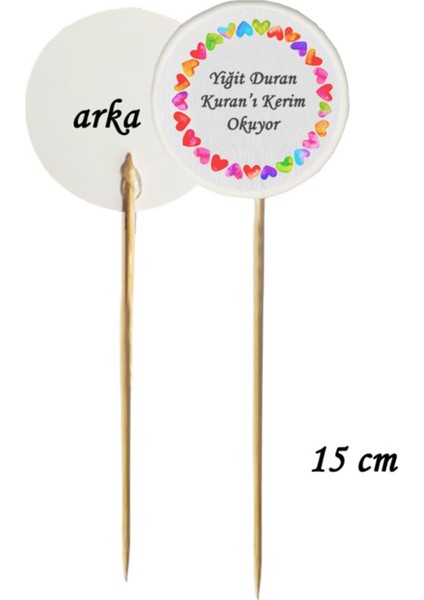 15 cm Uzun Kürdan - 20 Adet Kişiye Özel Renkli Kalpli Kur'an-I Kerim Okuyor Baskılı Kürdan