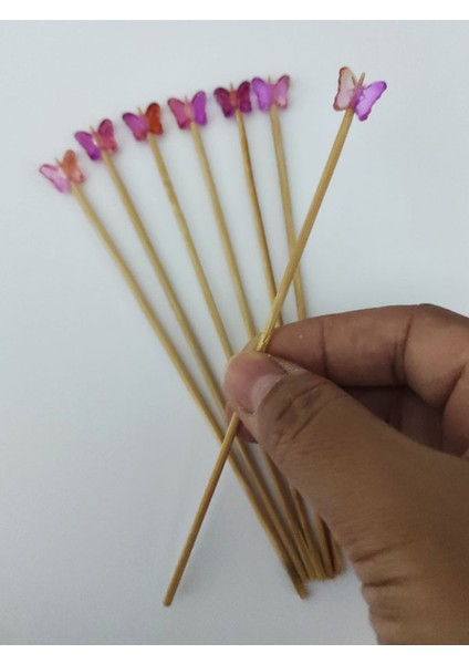 15 cm Uzun Kürdan - 30 Adet Dekoratif Turuncu Lila Kelebek Boncuklu Kokteyl Karıştırıcı
