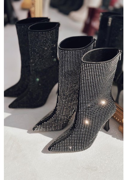 Simley Topuklu Kadın Çizme Siyah Süet Gri Taşlı fiyatları
