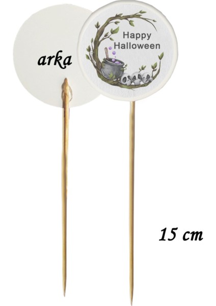 15 cm Uzun Kürdan - 20 Adet Sarmaşıklı Büyücü Kazanı Happy Hallowen Baskılı Kokteyl Kürdanı