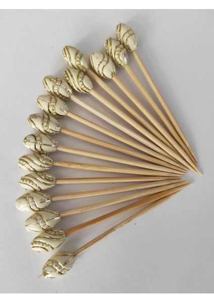 50 Adet Dekoratif Lüks Gold Varaklı Yaldız Boncuklu Pasta Kürdanı 6,5 cm - Boncuk 12 mm