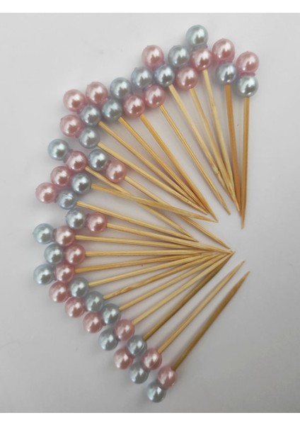 100 Adet Dekoratif Pembe Mavi Çift Incili Pasta Kürdanı 6,5 Cm- Inci 8 mm - Incili Kanepe Kürdanı fiyatları