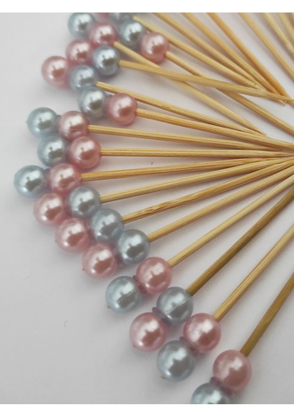 100 Adet Dekoratif Pembe Mavi Çift Incili Pasta Kürdanı 6,5 Cm- Inci 8 mm - Incili Kanepe Kürdanı modelleri