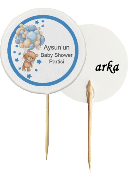 Beyhan Bayhan 20 Adet Kişiye Özel Baskılı Mavi Baby Shower Partisi Pasta Kürdanı 6,5 cm -1