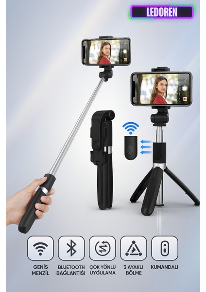 Uzaktan Kumandalı Bluetooth Selfie Çubuğu 3 Ayaklı 70 cm Tripod L01