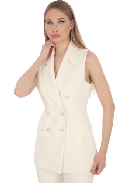 Kadın Yelek Pantolon Takım Beyaz Krep Kruvaze Inci Düğmeli Slim Fit Şık Ofis Davet Günlük Kullanım modelleri