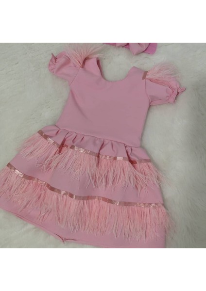 Tüy Detaylı Şeker Pembe Çocuk Abiye Elbisesi modelleri