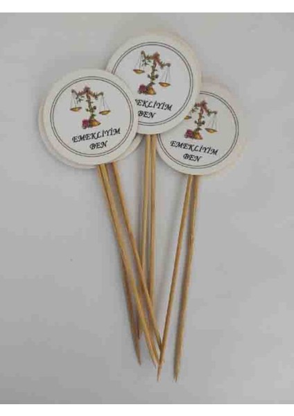 Beyhan Bayhan 15 cm Uzun Kürdan - 20 Adet Emekli Oldum Baskılı Pasta Kürdanı