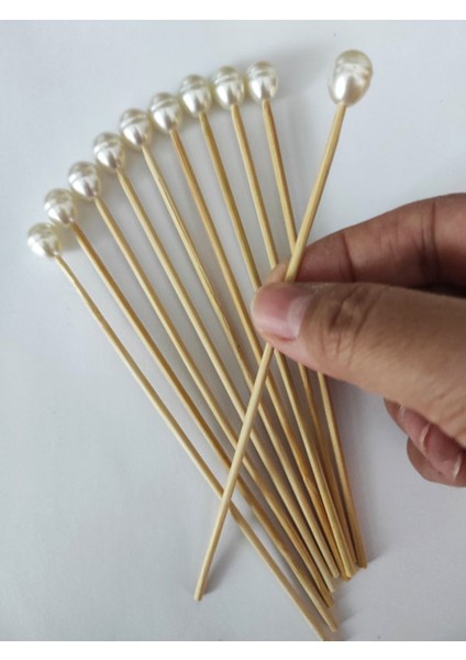 15 cm Uzun Kürdan - 20 Adet Dekoratif Lüks Büyük Krem Inci Boncuklu Kokteyl Karıştırıcı modelleri