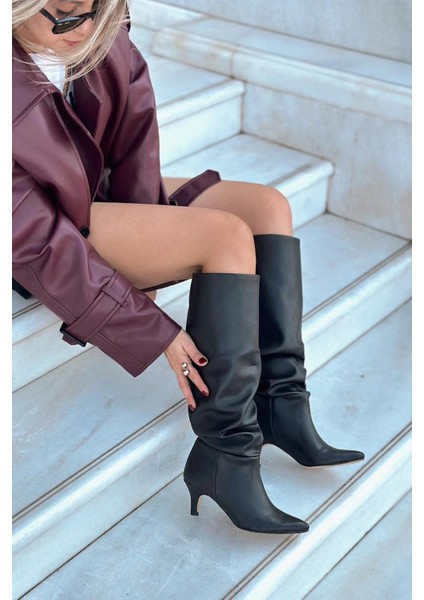 Sollet Siyah Körüklü Ince Topuklu Günlük Kadın Çizme