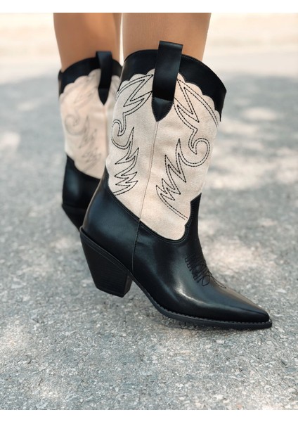 Marnel Kadın Kovboy Çizme Bej Nakışlı