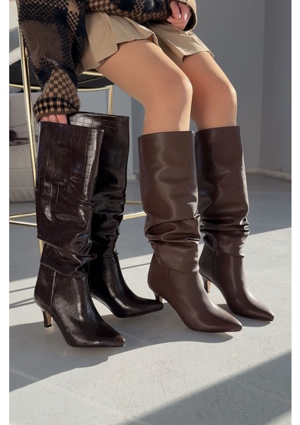 Sollet Kahverengi Kroko Ince Topuklu Günlük Kadın Çizme fiyatları