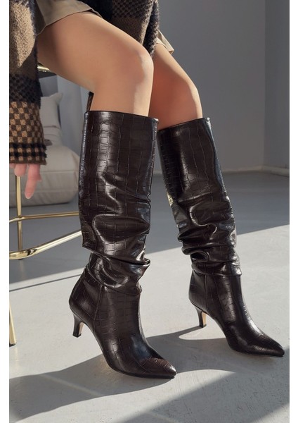 Sollet Kahverengi Kroko Ince Topuklu Günlük Kadın Çizme modelleri