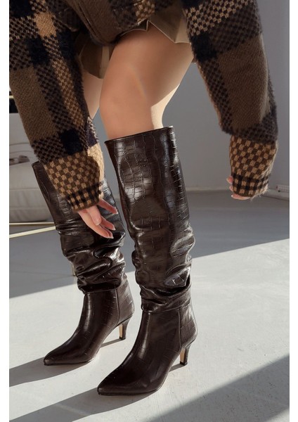 Sollet Kahverengi Kroko Ince Topuklu Günlük Kadın Çizme indirimleri