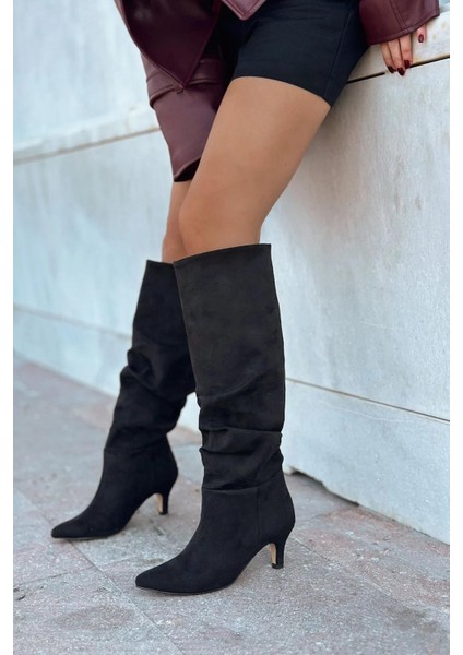 Sollet Siyah Süet Körüklü Ince Topuklu Günlük Kadın Çizme