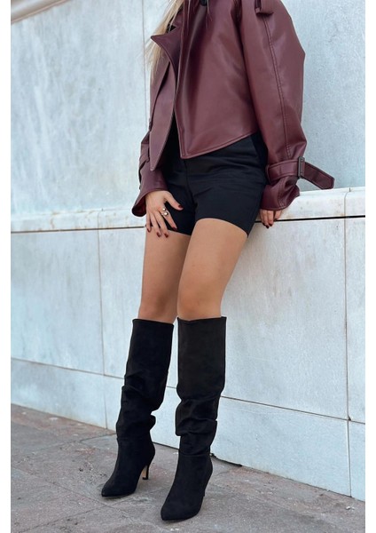 Sollet Siyah Süet Körüklü Ince Topuklu Günlük Kadın Çizme fiyatları