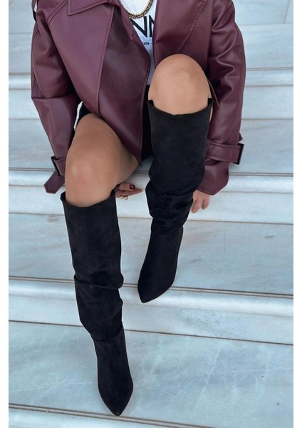 Sollet Siyah Süet Körüklü Ince Topuklu Günlük Kadın Çizme modelleri