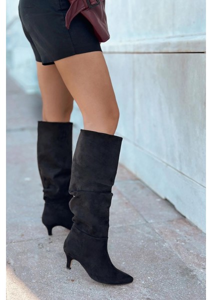 Sollet Siyah Süet Körüklü Ince Topuklu Günlük Kadın Çizme fırsatları