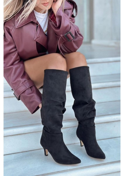 Sollet Siyah Süet Körüklü Ince Topuklu Günlük Kadın Çizme indirimleri