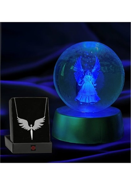 Kişiye Özel Renk Değiştiren LED Işıklı Melek Küre Kristal Top ve Gümüş Melek Kolye