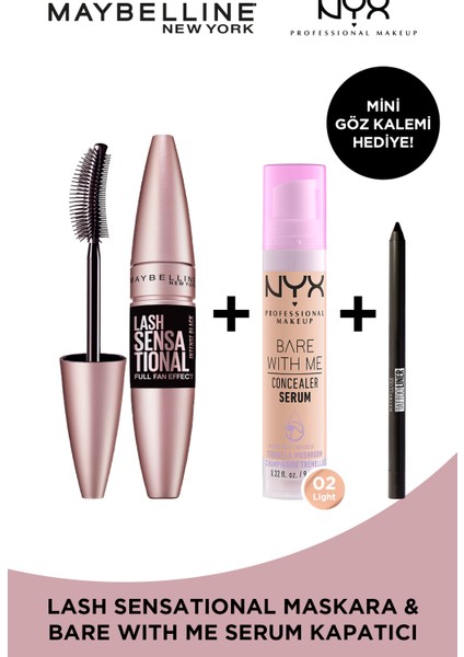 Lash Sensational Yelpaze Etkili Intense Ekstra Siyah + Nyx Professional Makeup Bare With Me Concealer Serum - 02 Lıght + Mny Tat. Liner Gel Pencil Mini