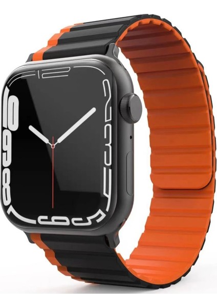 Allzey Movenchy Apple Watch 42MM Mo-Wb1 Çift Renk Mıknatıslı Silikon Kordon - Siyah-Turuncu