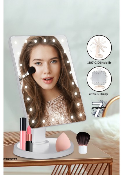 Dokunmatik LED Işıklı Makyaj Aynası Beyaz 22 Ledli 180° Dönebilen Makyaj Aynası Makyaj Organizatörlü