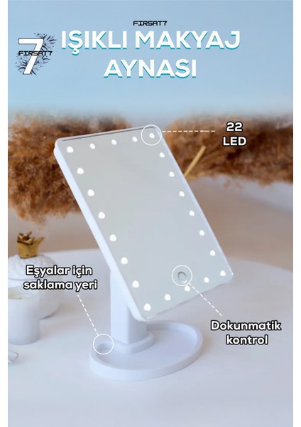Dokunmatik LED Işıklı Makyaj Aynası Beyaz 22 Ledli 180° Dönebilen Makyaj Aynası Makyaj Organizatörlü fırsatları