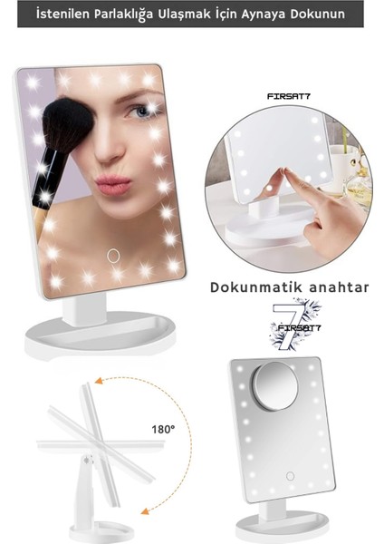 Dokunmatik LED Işıklı Makyaj Aynası Beyaz 22 Ledli 180° Dönebilen Makyaj Aynası Makyaj Organizatörlü
