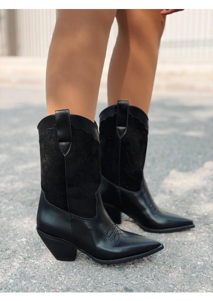 Marnel Kadın Kovboy Çizme Siyah Nakışlı