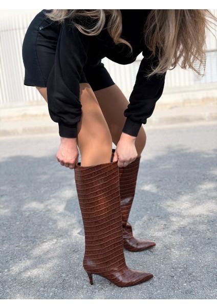 Gwen Desenli Kadın Çizme Taba