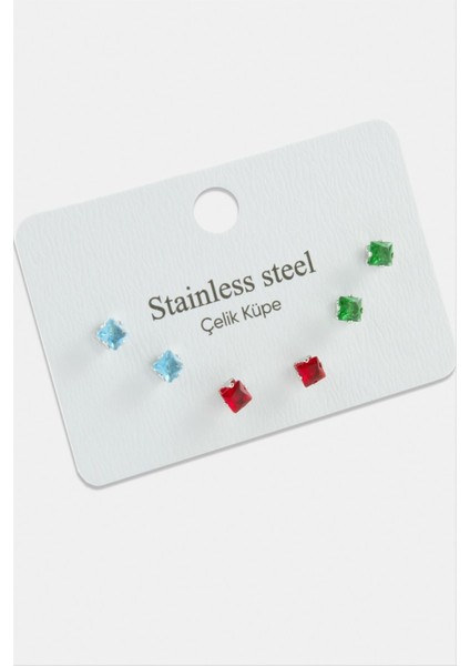 6 Adet Kare Renkli Zirkon Tek Taşlı Çelik Küpe