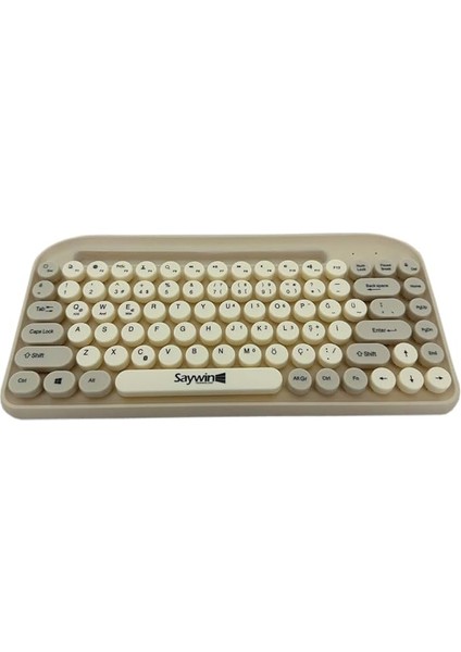 Bluetooth Klavye Renkli Retro Kablosuz Klavye Daktilo Görünümlü Tuş Tasarımı Şık ve Kullanışlı Telefon Koyma Gözü Pilli Türkçe Q Klavye Sw-05 (Krem)