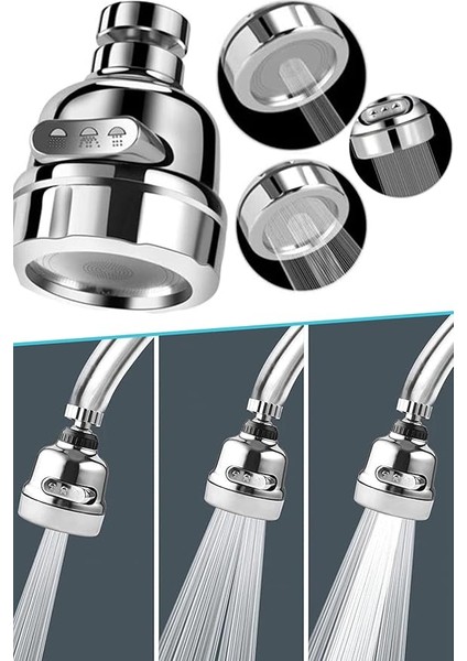 Krom 3 Fonksiyonlu Mutfak Lavabo Başlığı 360 Derece Dönen Tasarruflu Musluk Başlığı 1410