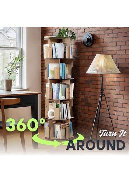 Wood 360° Döner Kitaplık – Modern ve Dekoratif Çok Katmanlı Ahşap Kitap ve Dergi Rafı (Meşe, 5 Raflı) fırsatları