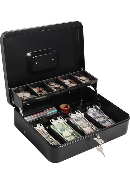 Kilitli Para Kutusu Para Tepsili ve 5 Bölemeli Metal Para Saklama, Para Kutusu, Yaylı